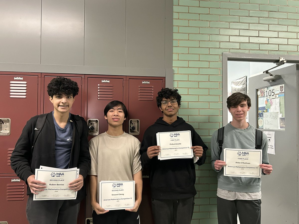 🏆📝 Top finishers for the AMC 10/12 🧮⭐️

AMC 10
🥇Harrison Baek
🥈Ishveen Kaur 
🥉Tinamarie Otero

AMC 12 
🥇Prithul Anonto
🥈Ruben Berrios, Vincent Cheng
🥉 Aidan O’Sullivan

<a href="/emeadowschools/">East Meadow Schools</a> <a href="/WTCRams/">ClarkeHS</a>