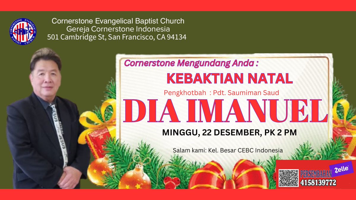 Thesaud's tweet photo. CORNERSTONE CHRISTMAS SERVICEBy God's grace and love, we invite you to attend our CHRISTMAS SERVICE to be held on Sunday, December 22, 2024, at 2 PM. This week's theme is HE IS IMMANUEL (HIS NAME IMMANUEL). https://t.co/Z7vDahqoQs