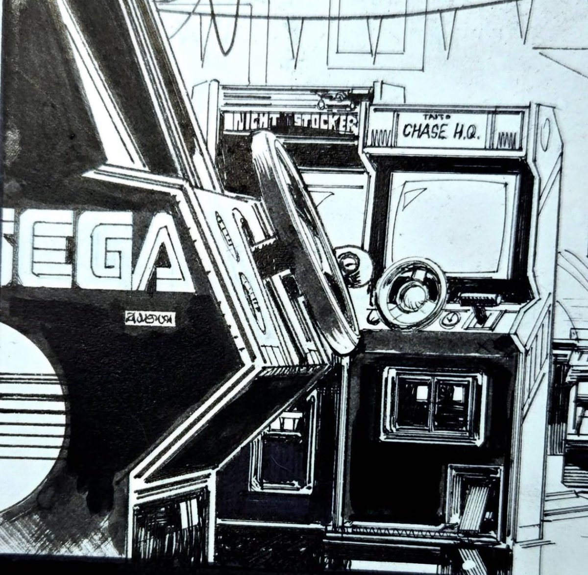 SeanMurphyArt's tweet photo. “Not sure many people will remember some of these driving games from the 80s, but they were a big part of my childhood growing up near Funspot. I LOVED drawing this scene in my new book, but man it took forever!
I'll be announcing sometime next year, once it's finished.” https://t.co/j8RKv4OJw2