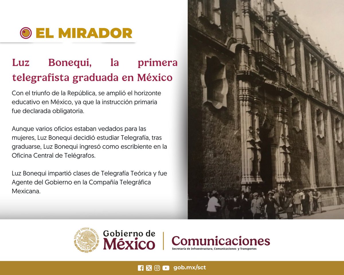 SICTmx's tweet photo. A finales del siglo XIX, las mexicanas carecían de oportunidades intelectuales y laborales. ¡Asómate a #ElMirador y descubre a Luz Bonequi, mujer que desafió a su época para estudiar telegrafía, uno de los ramos de la comunicación en pleno auge alrededor del mundo!

https://t.co/oweKForjpd