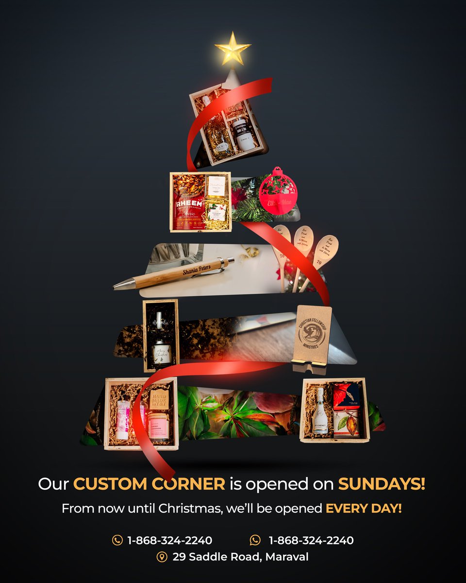 byshaniapeters's tweet photo. From now until Christmas, we’re open EVERY DAY to make your shopping easier! Stop by and grab your favorite gifts, tokens and keepsakes and have it personalized on the spot just in time for the holidays. See you soon! 🎄 

📱 1-868-324-2240
📍 29 Saddle Road, Maraval https://t.co/96zialDaGT