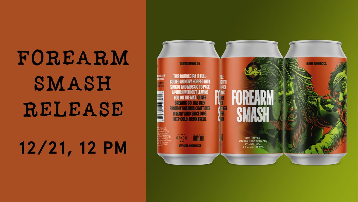 Forearm Smash, our champion Dry-Hopped Double IPA, is back in the ring! Dry-hopped with the dynamic duo of Simcoe and Mosaic hops, it delivers a flavor-packed punch at a smooth 8%. Score a pint or six-pack on Saturday, December 21st, beginning at noon. #oliverbrewingco #mdbeer