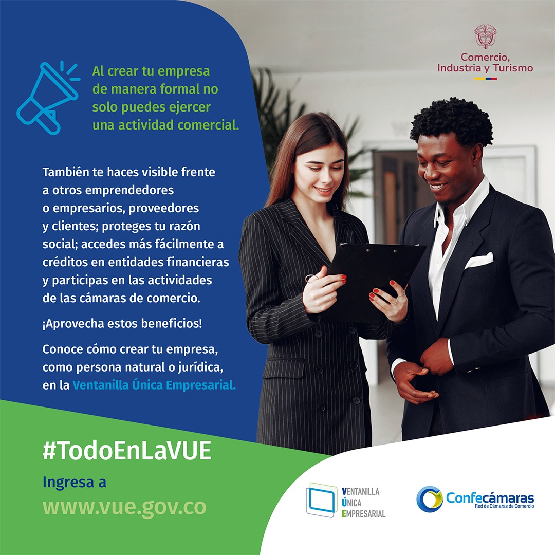 🤩 ¡Hazte visible como empresario! Al registrar tu empresa en el Registro Mercantil, proteges tu razón social y accedes a más beneficios para tu negocio. Conoce cómo hacerlo en la Ventanilla Única Empresarial #VUE. 
🌟 Ingresa aquí 👉 vue.gov.co #TodoEnLaVUE
