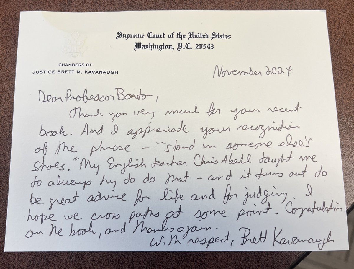 JillSBarton's tweet photo. I’m honored to share that Justice Brett Kavanaugh sent a congratulatory note about The Supreme Guide to Writing! He mentions a quote, "Stand in someone else's shoes," which also also opens my chapter on names and titles. #WritingTips #LegalWriting #SCOTUS  https://t.co/fxIuSZBWIX https://t.co/lKpd7DgFeY