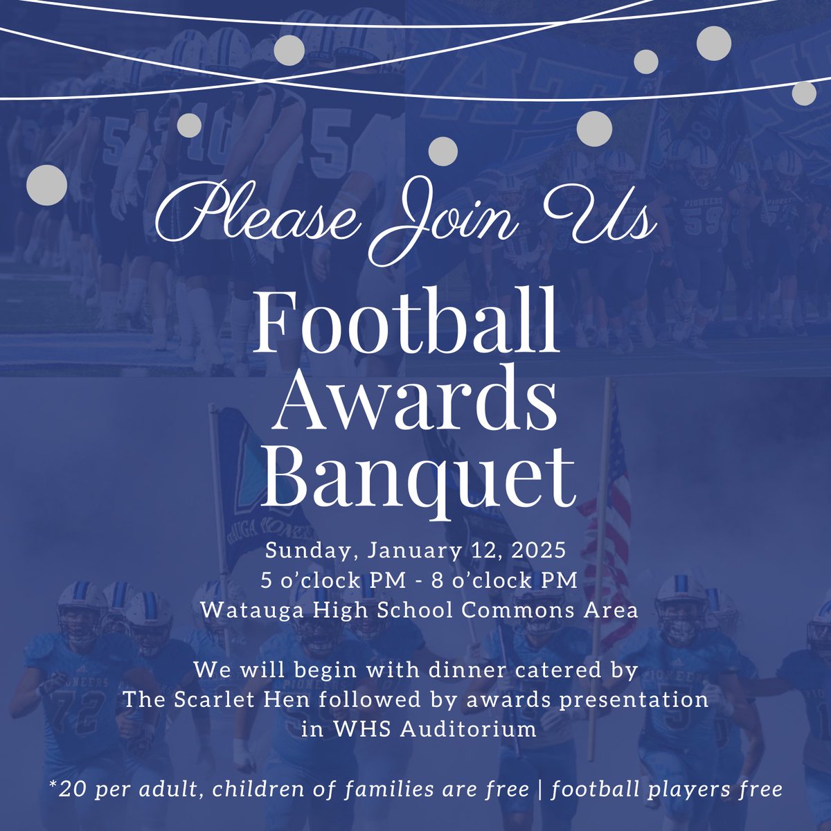 Save the date! The Football Banquet is Sunday, January 12, at 5 PM. Join us as we celebrate our program and the JV and varsity players on Team Trust! #WTW