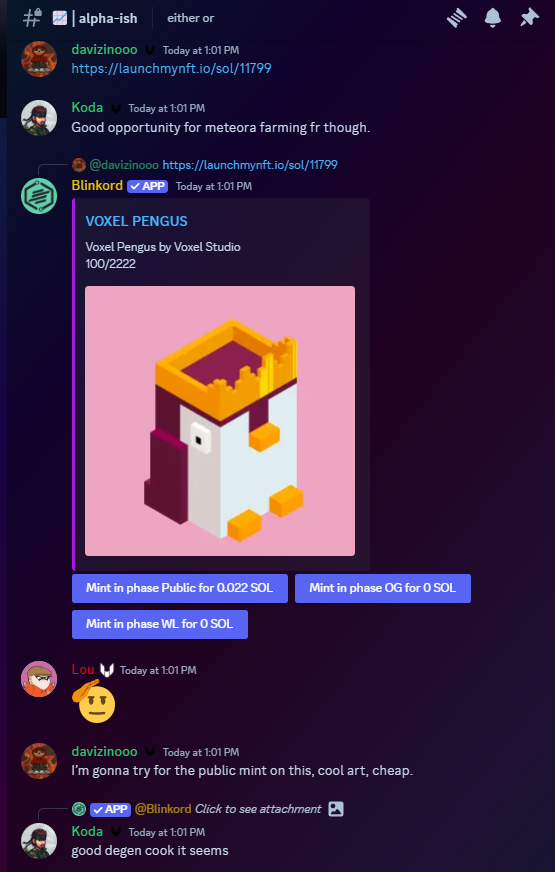 Lou_1722's tweet photo. We added a blink bot in @The_Valley__ so members can mint/interact with Solana directly within our chats!

mint: 0.022 sol 
current: 0.3 sol
Feels good doing degen mints again🐧