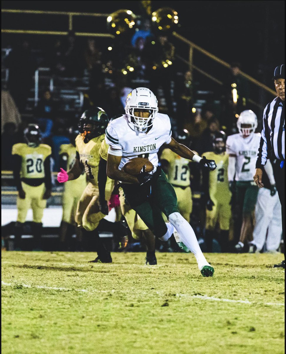 KINSTON HIGH SCHOOL (NC)
OKIE  EDWARDS (Wr) C/O 25
GPA: 3.8
Height: 6’2
Weight: 183
40: 4.4
Stats: 46 catches 605 yards 10 TD’s

Okie is a VERY versatile player. His main position is Wr, but he has played QB, DB, return man (Ran a kickoff back this year) and he also long snap.