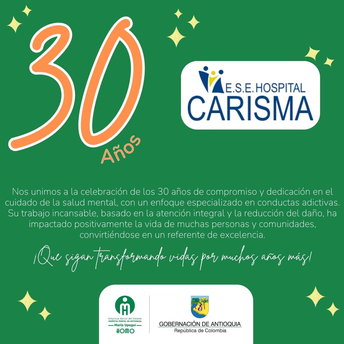 Nos unimos a esta celebración de <a href="/ese_carisma/">ESE HOSPITAL CARISMA</a>.
30 años con rectitud, respeto y transparencia trabajando en el tratamiento de las adicciones en nuestro departamento. 
#SaludMental #SomosHospitalMentaldeAntioquia <a href="/RamonEAcevedo/">Ramón Acevedo</a> <a href="/SaludAntioquia/">Secretaría de Salud e Inclusión Social</a> <a href="/GobAntioquia/">Gobernación de Antioquia</a>