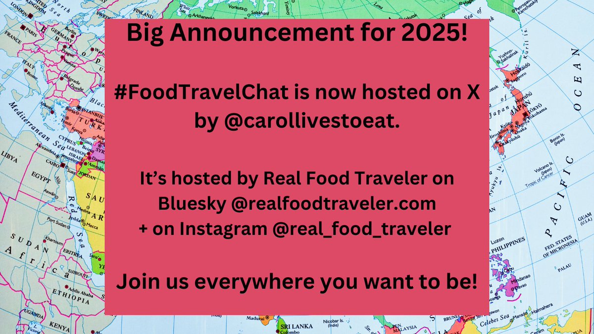 Please note: #FoodTravelChat will return in 2025 on X with a new host, long-time Team member, <a href="/carollivestoeat/">Carol Vu</a>!

<a href="/realfoodtravel/">Real Food Traveler</a> is hosting over on the BlueSkyApp and on Instagram. See you there too, every Wednesday!