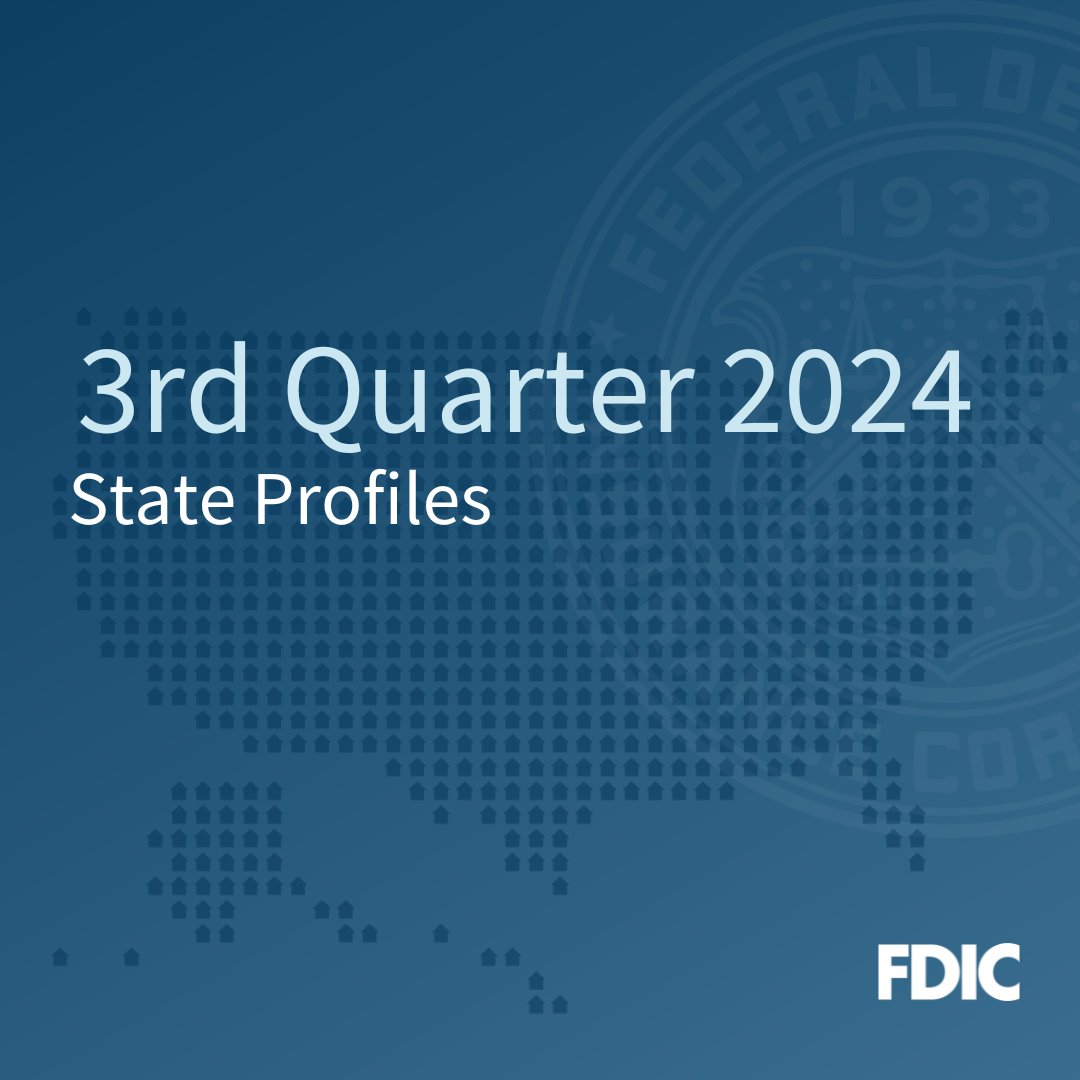 FDICgov's tweet photo. Our #FDICResearch team published the 3rd Quarter 2024 State Profiles. These profiles offer a state-by-state summary of banking and economic conditions across the U.S. 

Read more about economic and banking conditions in YOUR state. ⤵️ https://t.co/hd2OoGQpun https://t.co/pvb7wlkEcx