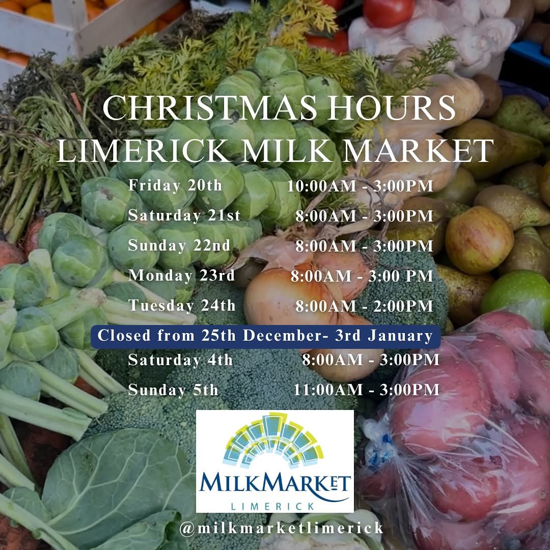 Limerick Milk Market (@themilkmarket) on Twitter photo Support Local this Christmasππ
The Milk Market is open
Fri 20th 10am to 3pm
Sat 21st, Sun & Mon 23rd
8am to 3pm
Tue 24th 8am to 2pm
#ChristmasinLimerick
#LimerickMilkMarket
#Limerick #Food #Crafts
<a href="/XmasLimerick/">Christmas in Limerick</a> <a href="/Limerick_ie/">Limerick.ie</a>
<a href="/LimerickChamber/">Limerick Chamber</a> <a href="/limerick_now/">Limerick Now</a> <a href="/ilovelimerick/">#LimerickandProud</a> Support Local this Christmasππ
The Milk Market is open
Fri 20th 10am to 3pm
Sat 21st, Sun & Mon 23rd
8am to 3pm
Tue 24th 8am to 2pm
#ChristmasinLimerick
#LimerickMilkMarket
#Limerick #Food #Crafts
<a href="/XmasLimerick/">Christmas in Limerick</a> <a href="/Limerick_ie/">Limerick.ie</a>
<a href="/LimerickChamber/">Limerick Chamber</a> <a href="/limerick_now/">Limerick Now</a> <a href="/ilovelimerick/">#LimerickandProud</a>