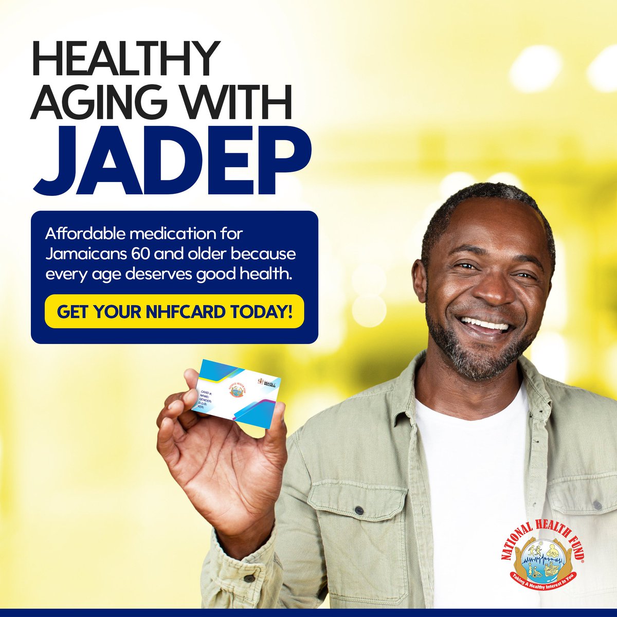 NHFJamaica's tweet photo. Age is just a number when you have the right support! With the JADEP, Jamaicans aged 60+ can access affordable medication for chronic illnesses and live life to the fullest.
Better access.
Better health.
Better living.
#JADEP #HealthyAging #NHFCard #BetterHealth #NHF https://t.co/bcnR3C7wUA