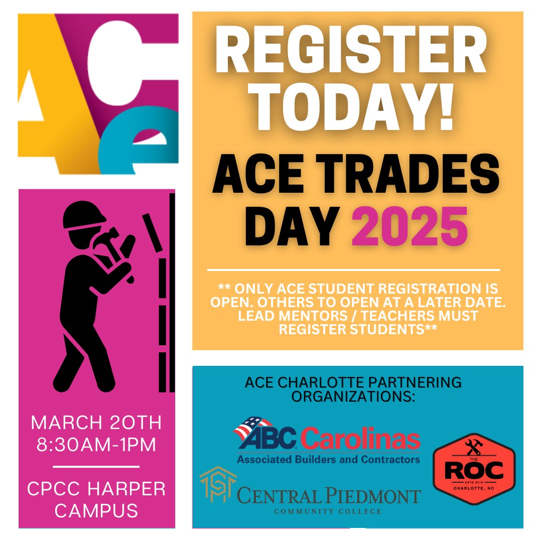 Registration for ACE Charlotte Trades Day is NOW OPEN for ACE STUDENTS! 

If you are an ACE student connect with your Teacher or ACE Lead Mentor and get registered today!

linktr.ee/acementorclt
