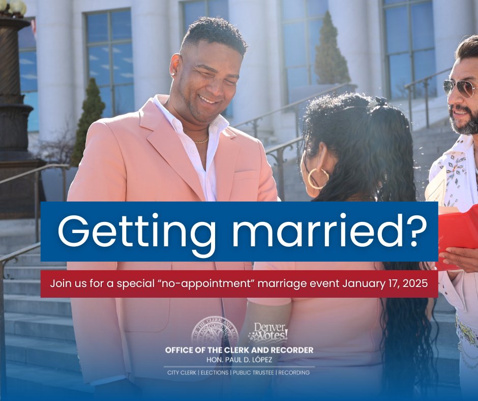 We're hosting a "New Year, New Beginnings" marriage event on Friday, January 17th from 10:00 a.m. to 3:00 p.m. Marriage licenses will be just $30, and no appointment will be needed! 
 
Apply Here: tinyurl.com/4yjvswja