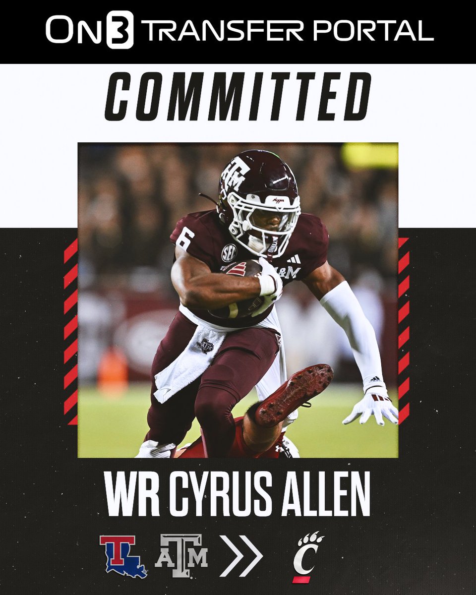 Transfer Portal (@transferportal_) on Twitter photo BREAKING: Texas A&M transfer WR Cyrus Allen has signed with Cincinnati, per <a href="/PeteNakos_/">Pete Nakos</a>.
The former Louisiana Tech transfer has recorded 1,547 receiving yards and 9 touchdowns in his career.
on3.com/transfer-porta… BREAKING: Texas A&M transfer WR Cyrus Allen has signed with Cincinnati, per <a href="/PeteNakos_/">Pete Nakos</a>.
The former Louisiana Tech transfer has recorded 1,547 receiving yards and 9 touchdowns in his career.
on3.com/transfer-porta…