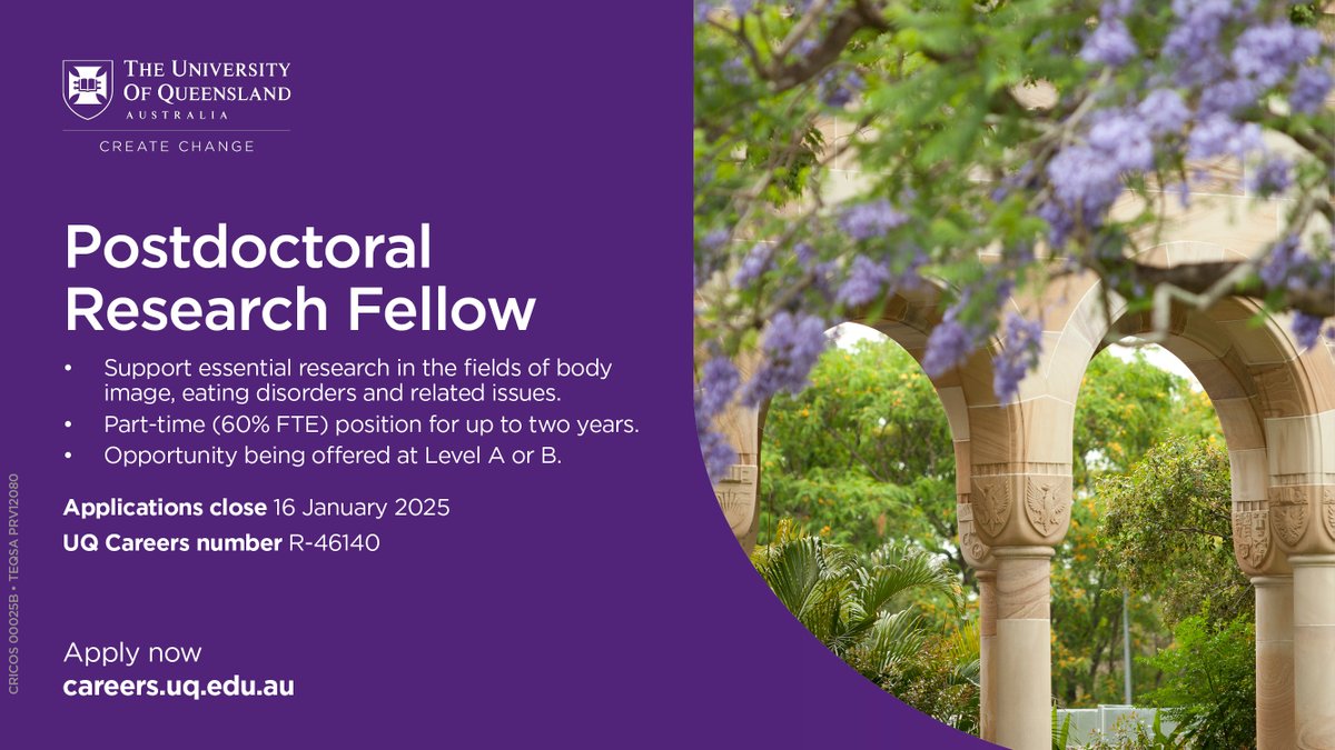 Professor Gemma Sharp (@gemmasharp11) on Twitter photo Excited to be recruiting a #PostDoc for our #BodyImage & #EatingDisorders #Research #Program at <a href="/UQPsych/">UQPsych</a> <a href="/UQHealth/">UQ Health</a> <a href="/UQ_News/">UQ News</a>-see details here 👉seek.com.au/job/80819377 Looking forward to your apps 😊 <a href="/NEDC_Australia/">NEDC</a> <a href="/Bfoundation/">Butterfly Foundation</a> <a href="/ANZAED1/">ANZAED</a> <a href="/CoRe_ED_Global/">Consortium for Research in Eating Disorders</a> <a href="/AAHMS_health/">Australian Academy of Health and Medical Sciences</a> <a href="/AustPsych/">Australian Psychological Society</a> Excited to be recruiting a #PostDoc for our #BodyImage & #EatingDisorders #Research #Program at <a href="/UQPsych/">UQPsych</a> <a href="/UQHealth/">UQ Health</a> <a href="/UQ_News/">UQ News</a>-see details here 👉seek.com.au/job/80819377 Looking forward to your apps 😊 <a href="/NEDC_Australia/">NEDC</a> <a href="/Bfoundation/">Butterfly Foundation</a> <a href="/ANZAED1/">ANZAED</a> <a href="/CoRe_ED_Global/">Consortium for Research in Eating Disorders</a> <a href="/AAHMS_health/">Australian Academy of Health and Medical Sciences</a> <a href="/AustPsych/">Australian Psychological Society</a>