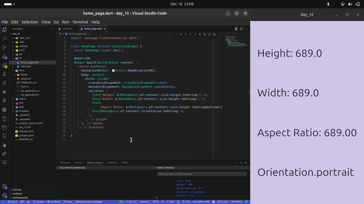 dev_useee's tweet image. Day 15 of #30DaysOfFlutter: Responsive Design with MediaQuery! 📱✨
#widget of the day hashtag#MediaQuery widget! 🖥️📱 It’s a game-changer when it comes to building responsive and adaptive Flutter apps.
checkout the code here: lnkd.in/dYSCfkVy
#FlutterDev #FlutterWidgets .