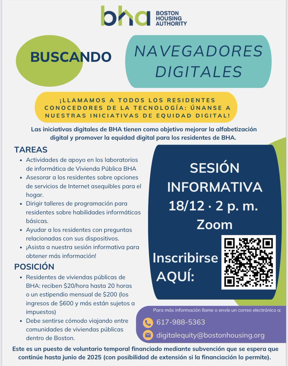 Digital Equity is looking for residents to become digital navigators and assist fellow residents in their digital literacy goals! We are having an information session on Wednesday, December 18th at 2 pm over Zoom.
