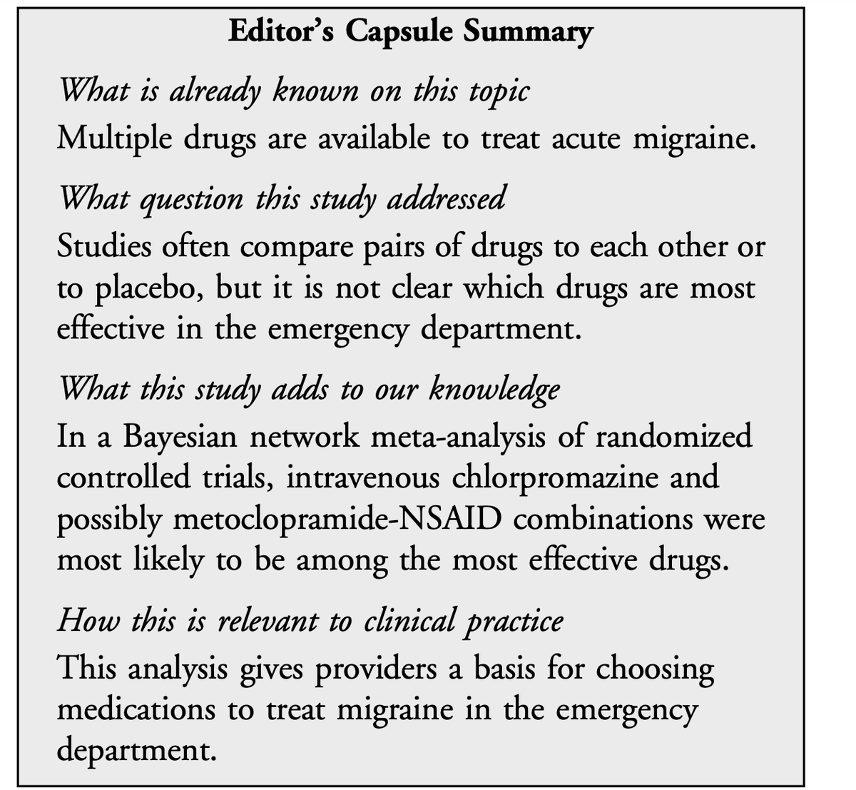 AnnalsofEM's tweet photo. Hot off the Press: Effectiveness and Safety of Pharmacologic Therapies for Migraine in the Emergency Department: A Systematic Review and Bayesian Network Meta-analysis https://t.co/UANZChfnqN https://t.co/6JsJQHvJyb