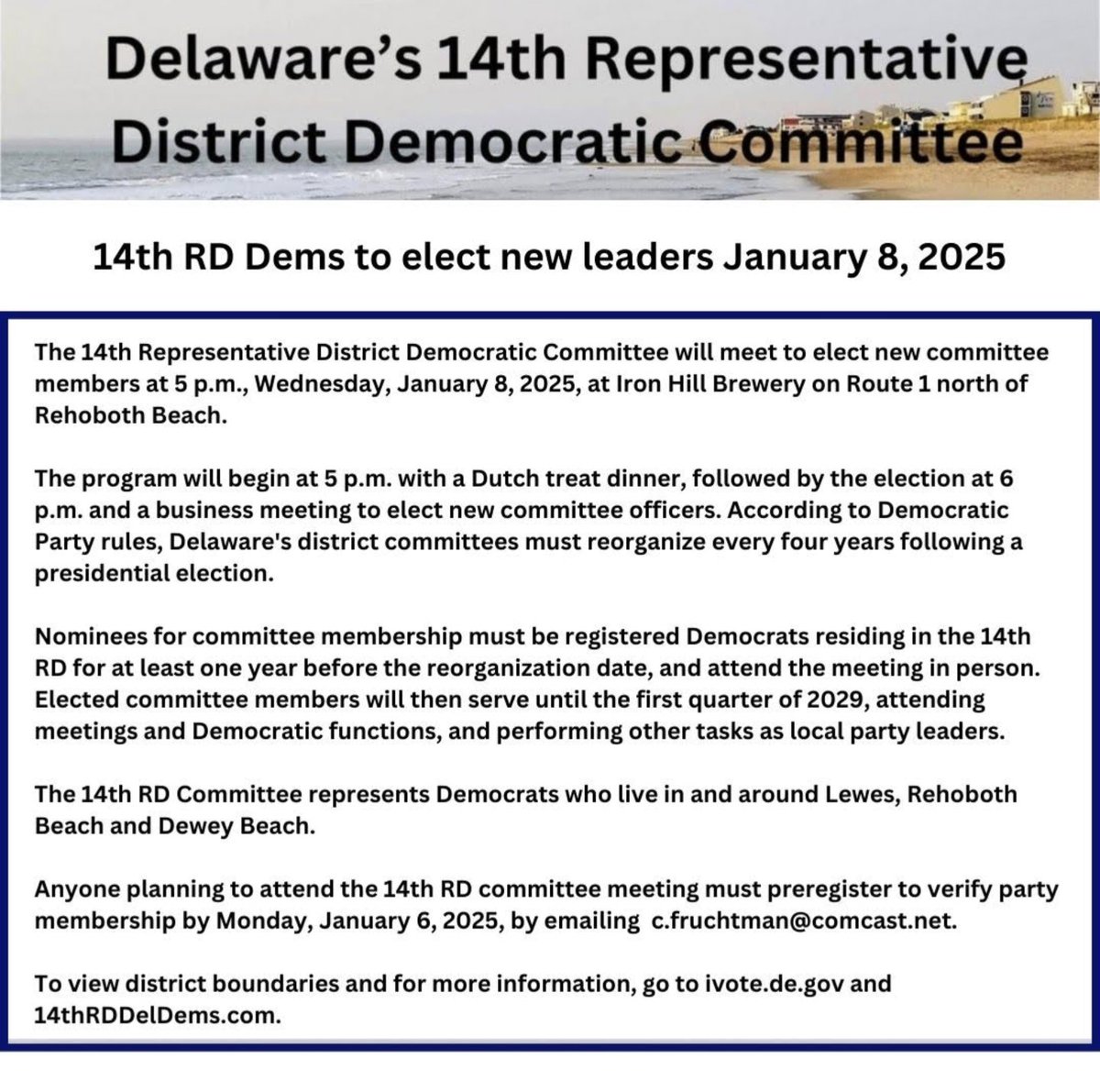 Steve_Leraris's tweet photo. 14th RD Dems to elect new leaders January 8, 2025

The 14th Representative District Democratic Committee will meet to elect new committee members at 5 pm, Wednesday, January 8, 2025, at Iron Hill Brewery on Route 1 north of Rehoboth
@CapeGazette @DelSussex @Deldems @RussSenate https://t.co/KQkcFgIVv0