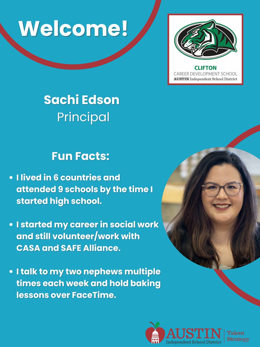 🎉 Exciting news! Join us in welcoming Sachi Edson, the new principal at Clifton Career Development School! 

Sachi brings a wealth of experience from around the globe 🌍, a strong background in social work, and a passion for education and community support.  #AISDProud