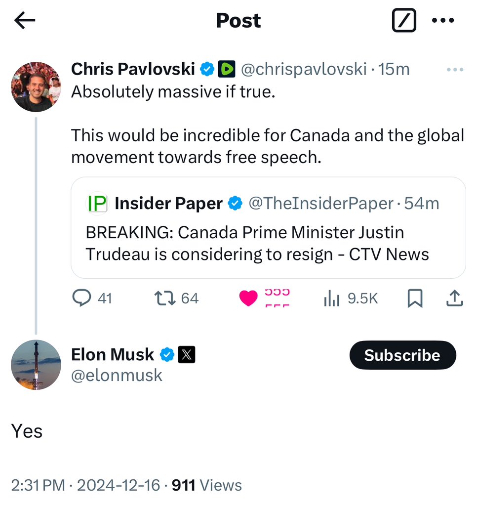 MelissaLMRogers's tweet photo. WOW 🤩 Even ELON MUSK agrees that the world will be a better place once JUSTIN TRUDEAU resigns 💯🇨🇦 https://t.co/rOY9qUh5jo
