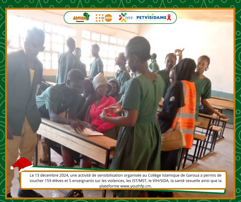 AfriYAN_Camer's tweet photo. Impact significatif des #WebInfluenceursNord: 100 👫 du Collège Baptiste de Djamboutou à #Garoua sensibilisés aux #VBG &amp; #SSR. Grâce à cette action, ils ont décidé de se protéger en s'inscrivant sur https://t.co/O8xhbrb2V1 pr en savoir + sur le #VIH/SIDA &amp; la #PTME.

#PETVISIDAME https://t.co/fAL41Z1F7Y