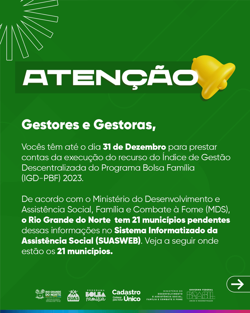 rnsethas's tweet image. ⚠️ Atenção!! Gestores e Gestoras,

Prazo para prestação de contas do IGD-PBF 2023 encerra em 31 de dezembro!

Veja mais: instagram.com/p/DDprOXOh55B/