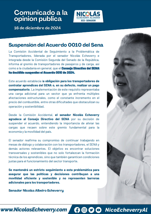 Buenas noticias para el Sector🚌🚐🚛 Se suspende el Acuerdo 0010 de 2024 por parte del Consejo Directivo SENA.
Compartimos para conocimiento comunicado de prensa por parte del Senador <a href="/nicoecheverryal/">Nicolás Echeverry Alvarán</a> , informando la suspensión del Acuerdo 0010 de 2024 por parte de <a href="/SENAComunica/">SENA</a>