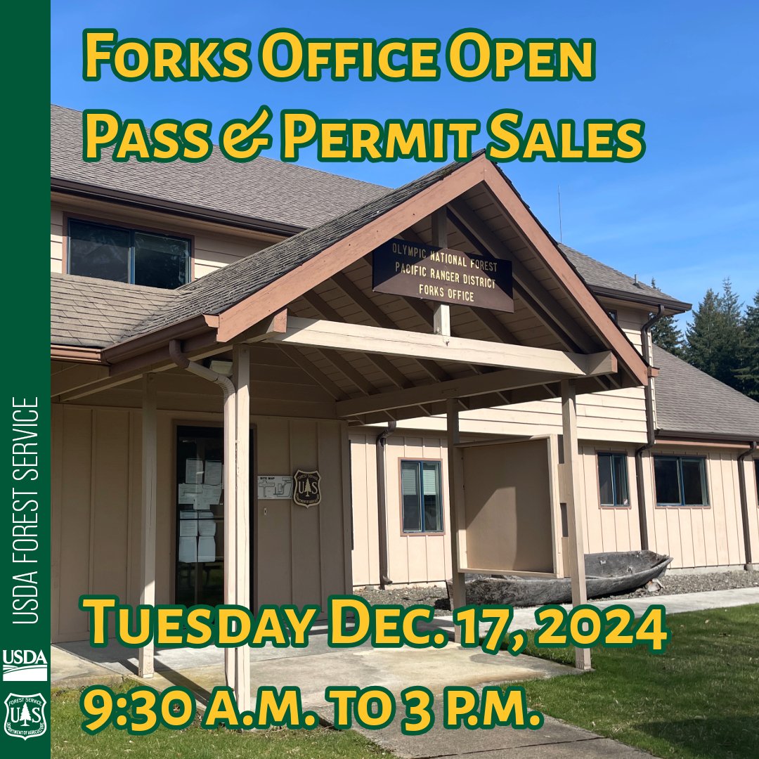 olympicforest's tweet photo. ⏱Our Forks Office location will be open Tuesday Dec. 17, 2024, from 9:30 a.m. to 3 p.m. for pass and permit sales.

Due to staffing shortages, our Forks Office is only open every third Tuesday of the month. 

For all office locations and hours https://t.co/3nmmHfpt3j https://t.co/0xItPbrZW2