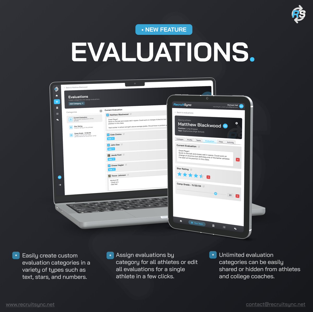 RecruitSync's tweet photo. 🚨 NEW FEATURE ALERT 🚨

Advanced evaluations are now available on RecruitSync! Coaches can now create flexible categories to evaluate your athletes with ease.

#RecruitingDoneRight #RecruitSync https://t.co/NwXcY9DXaF