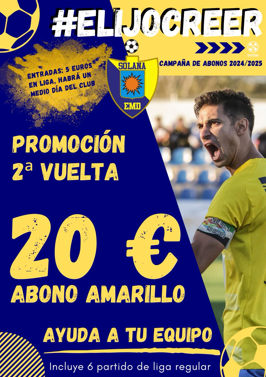 SolanaEMD's tweet photo. 🤯 ¿Toda la segunda vuelta por solo 20 euros?

🫵 Así es. 

🟨 Nos hemos vuelto locos.

🟨¿Te vuelves loco con nosotros?

🟨 Abónate y ayuda a tu equipo.

#ElijoCreer💛 https://t.co/cYNiRyEFat