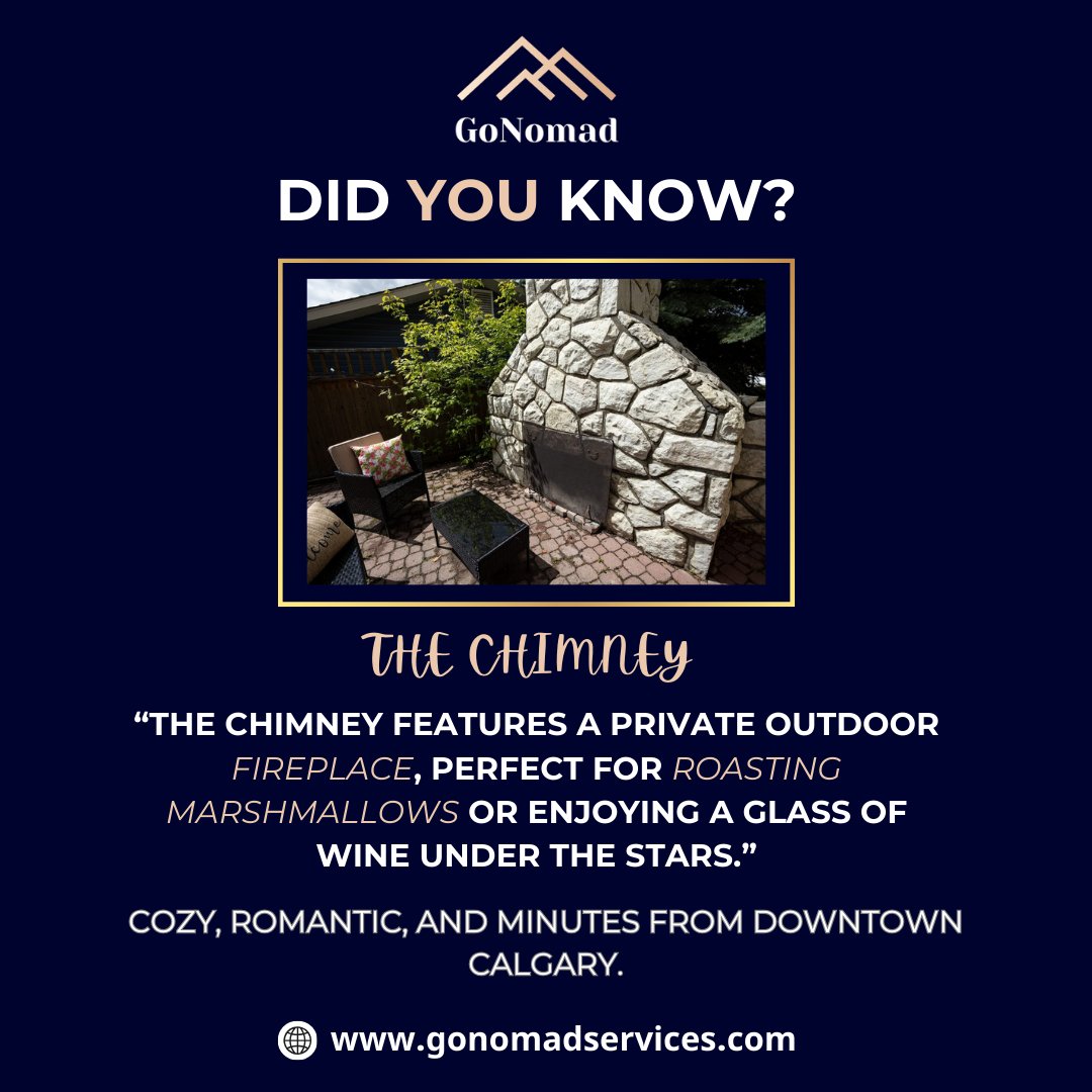 GoNomadStays's tweet photo. Did You Know? 🔥✨

The Chimney offers the ultimate cozy and romantic getaway with:

A private outdoor fireplace, perfect for roasting marshmallows 🍢
Enjoying a glass of wine under the stars 🍷
Just minutes from downtown Calgary, this retreat combines charm, comfort, and convenience.

🌐 Book now at https://t.co/tnCIGbGv64
#GoNomadGetaways #TheChimney #RomanticEscape #CalgaryStays