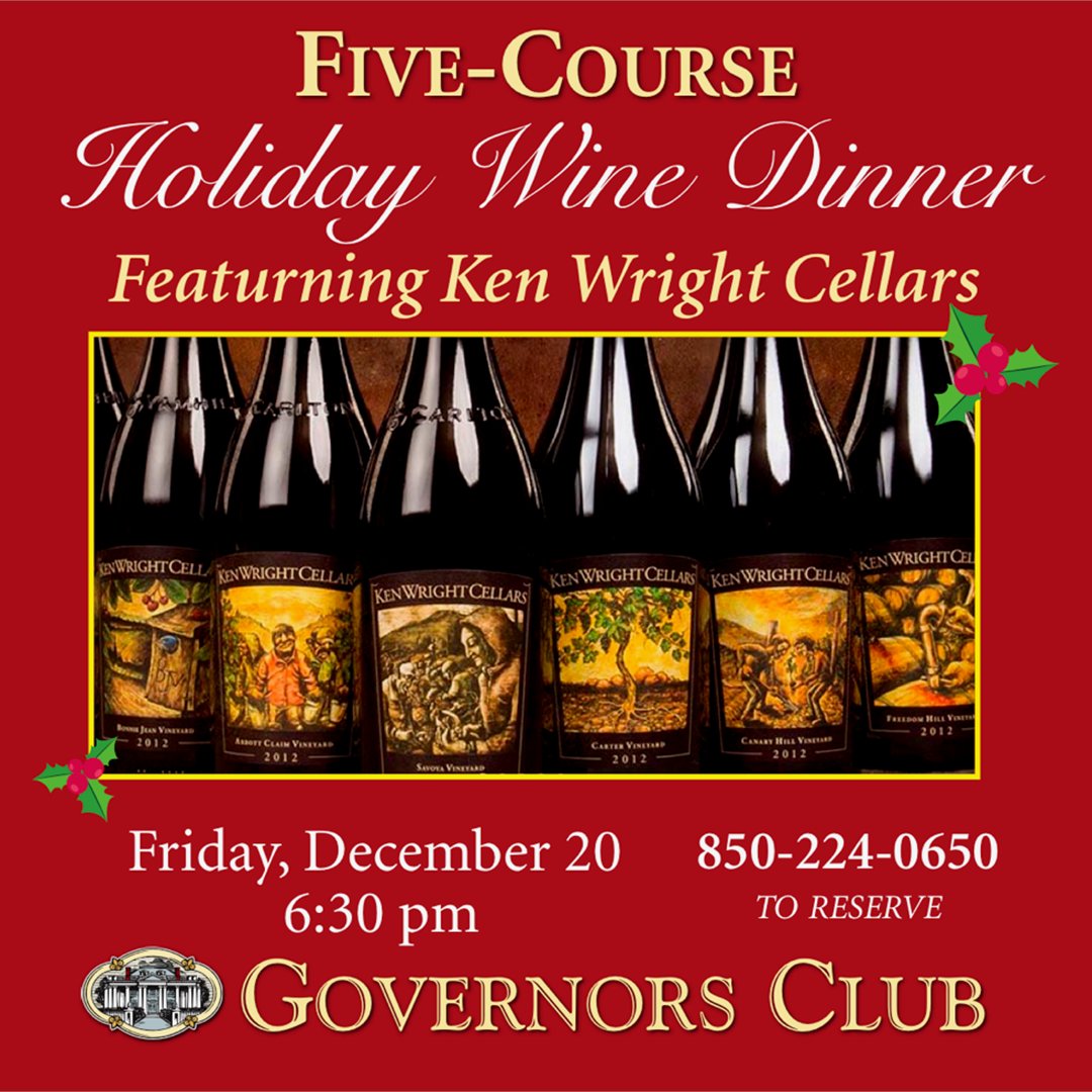GovClubTally's tweet photo. Featuring Ken Wright Cellars!🎄Friday, December 20. Five-course holiday wine dinner. 850-224-0650 to reserve! https://t.co/OflSA9DGEF