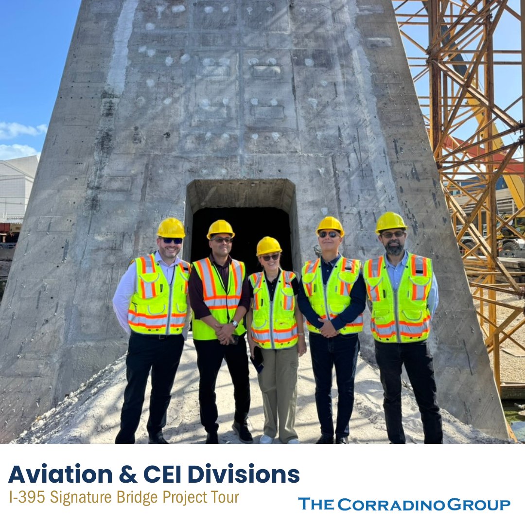 CorradinoGroup's tweet photo. Collaboration is at the heart of what we do! Recently, our Aviation Division hosted clients for an exclusive tour of the transformative I-395 Signature Bridge project in Miami, where #Corradino is proudly leading CEI efforts. Together, we’re building a better future! https://t.co/xbjC0stphU