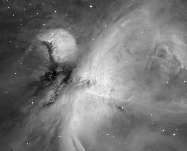 Trevor W sent this image of the Orion Nebula taken in Hα. It shows the detail in the centre often more difficult to make out in colour versions.  Trevor took a total of 11 hours of exposure for the image.