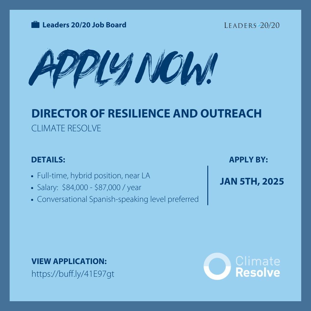 Climate Resolve is hiring a Director of Resilience and Outreach

Full-time, hybrid position, near LA
Salary:  $84,000 - $87,000 / year
Conversational Spanish-speaking level preferred 
Apply by January 5th, 2025

View application:
buff.ly/41E97gt
