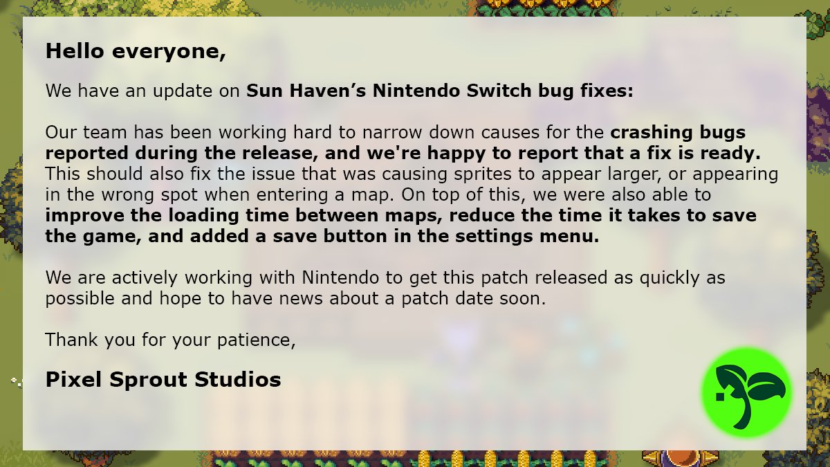 SunHavenRPG's tweet image. Hello everyone,
We have an update for Sun Haven’s Nintendo Switch bug fixes.