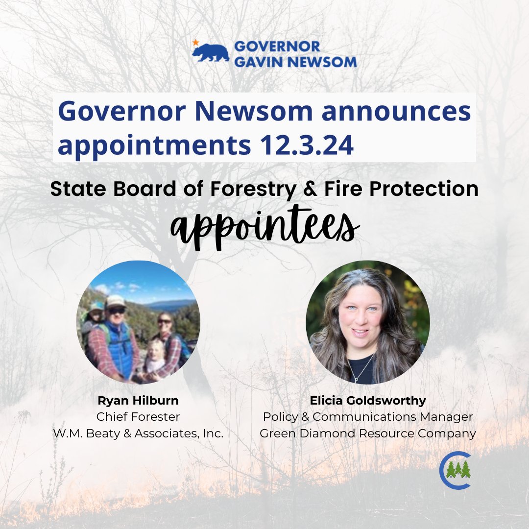 CalForests's tweet photo. CONGRATS to 2 of our #Calforests members for being appointed to the State Board of Forestry &amp; Fire Protection by @CAgovernor Newsom!

Ryan Hilburn has been Chief Forester at W.M. Beaty since 2020 &amp; Elicia Goldsworthy has been the Policy &amp; Communications Manager at GDRS since 2021 https://t.co/Ac8G1U8xA2