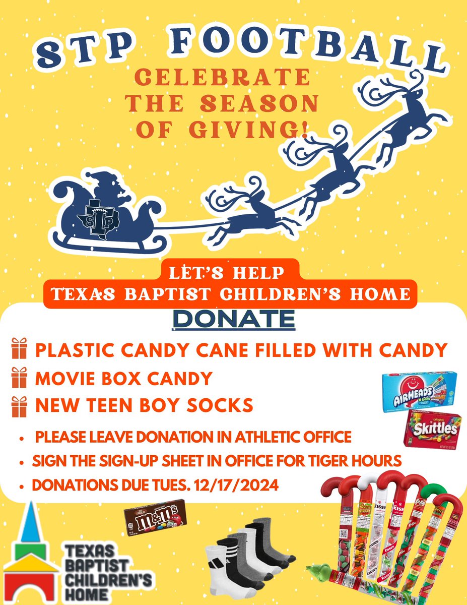 Stony Point Football Booster Club (@stpfootballbc) on Twitter photo Tiger Football Reminder:
Please support our drive to collect items for Texas Baptist Children’s Home! Donations accepted in the Stony Point Athletic Office by Tues Dec 17. 
We are seeking:
⭐️ Plastic Candy Canes with candy
⭐️ Movie Theater Size Candy Boxes 
⭐️ NEW Teen Boy Socks Tiger Football Reminder:
Please support our drive to collect items for Texas Baptist Children’s Home! Donations accepted in the Stony Point Athletic Office by Tues Dec 17. 
We are seeking:
⭐️ Plastic Candy Canes with candy
⭐️ Movie Theater Size Candy Boxes 
⭐️ NEW Teen Boy Socks