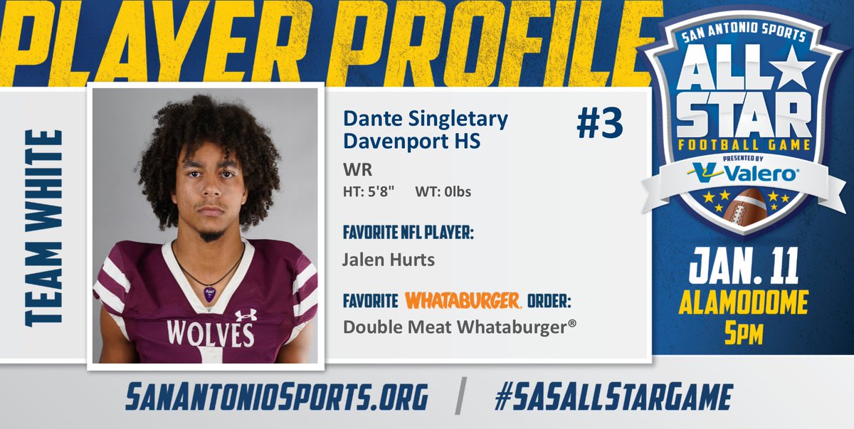 San Antonio Sports (@sa_sports) on Twitter photo Meet <a href="/DanteSingletar1/">Dante Singletary</a> from <a href="/cisdnews/">Comal ISD</a> who will compete in the San Antonio Sports All-Star Football Game pres. by <a href="/ValeroEnergy/">Valero</a> at the Alamodome on Jan. 11! #SASAllStarGame <a href="/Whataburger/">Whataburger®</a> <a href="/JalenHurts/">Jalen Hurts</a>
<a href="/DHSWolvesFB/">Davenport Football</a>
<a href="/DavenportWolves/">DHS Wolves Athletics</a>
<a href="/BuildThePack/">BuildThePack</a> Meet <a href="/DanteSingletar1/">Dante Singletary</a> from <a href="/cisdnews/">Comal ISD</a> who will compete in the San Antonio Sports All-Star Football Game pres. by <a href="/ValeroEnergy/">Valero</a> at the Alamodome on Jan. 11! #SASAllStarGame <a href="/Whataburger/">Whataburger®</a> <a href="/JalenHurts/">Jalen Hurts</a>
<a href="/DHSWolvesFB/">Davenport Football</a>
<a href="/DavenportWolves/">DHS Wolves Athletics</a>
<a href="/BuildThePack/">BuildThePack</a>