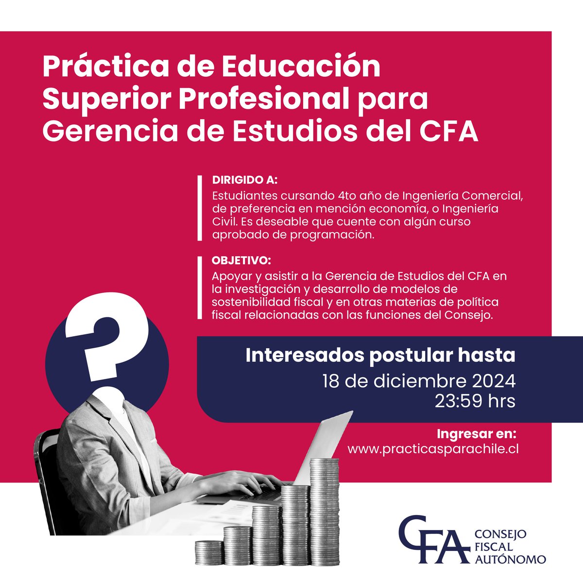 ConsejoFiscalCh's tweet photo. 🚨 Últimos días para postular!  
Si te interesa la política fiscal, postula a una práctica profesional en la Gerencia de Estudios del Consejo Fiscal Autónomo.  
📌 Objetivo: Apoyar investigaciones y desarrollo de modelos de sostenibilidad fiscal. 
⏰ Plazo: Hasta el 18 de diciembre, 23:59 hrs.  ¡No te quedes fuera!
https://t.co/ZtFBfJqwID