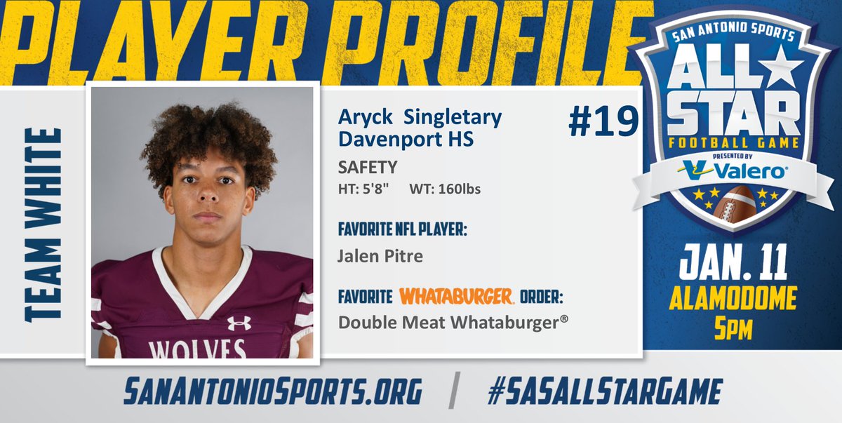 San Antonio Sports (@sa_sports) on Twitter photo Meet <a href="/AryckSingletary/">Aryck Singletary</a> from <a href="/cisdnews/">Comal ISD</a> who will compete in the San Antonio Sports All-Star Football Game pres. by <a href="/ValeroEnergy/">Valero</a> at the Alamodome on Jan. 11! #SASAllStarGame <a href="/Whataburger/">Whataburger®</a> <a href="/JalenPitre1/">Jalen Pitre</a>
<a href="/DHSWolvesFB/">Davenport Football</a>
<a href="/DavenportWolves/">DHS Wolves Athletics</a>
<a href="/BuildThePack/">BuildThePack</a> Meet <a href="/AryckSingletary/">Aryck Singletary</a> from <a href="/cisdnews/">Comal ISD</a> who will compete in the San Antonio Sports All-Star Football Game pres. by <a href="/ValeroEnergy/">Valero</a> at the Alamodome on Jan. 11! #SASAllStarGame <a href="/Whataburger/">Whataburger®</a> <a href="/JalenPitre1/">Jalen Pitre</a>
<a href="/DHSWolvesFB/">Davenport Football</a>
<a href="/DavenportWolves/">DHS Wolves Athletics</a>
<a href="/BuildThePack/">BuildThePack</a>