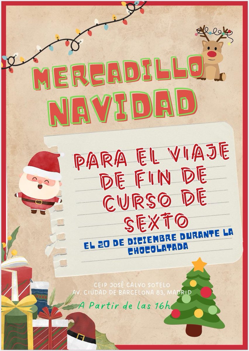 Este viernes empiezan las vacaciones de Navidad 🎄⛄.
Y que mejor forma de celebrarlo, que tomando un chocolate juntos y apoyando a los padres de sexto comprando algo en el mercadillo que van a organizar para el viaje fin de curso.
No os olvidéis de llevar dinero en efectivo.