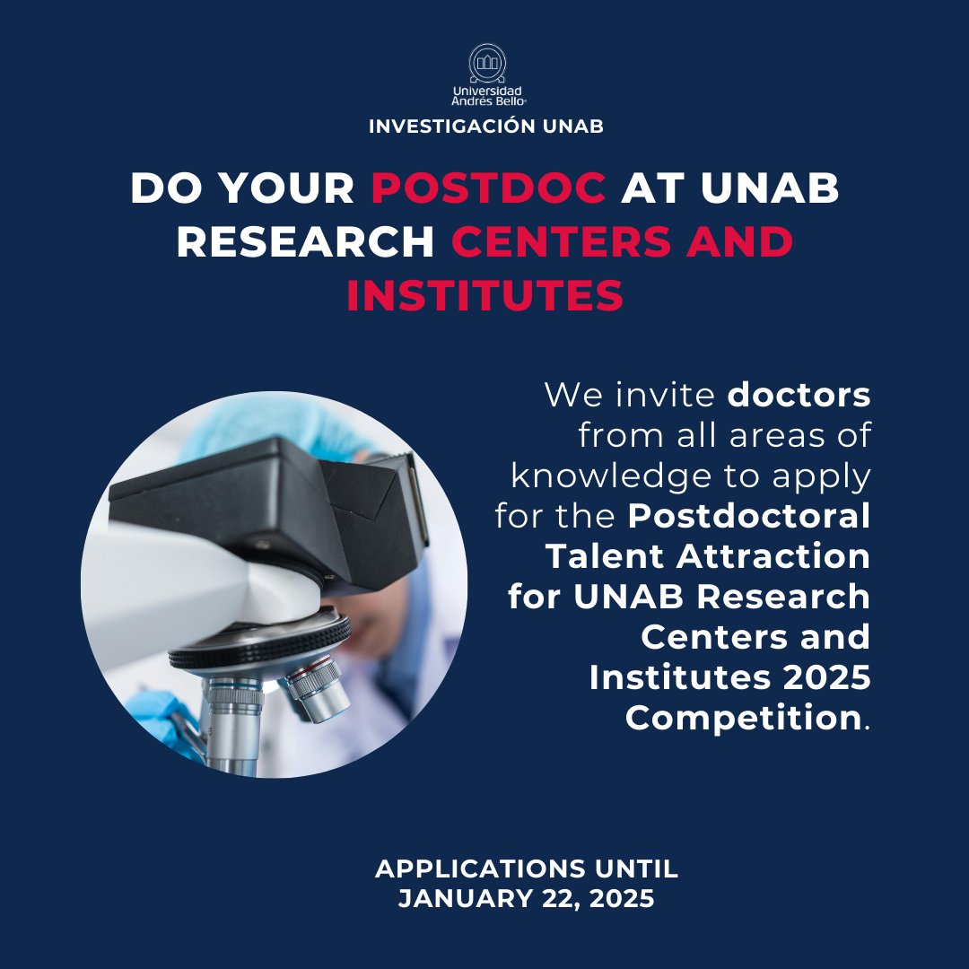 Vrid_Unab's tweet photo. Do your Postdoct at UNAB Research Centers and Institutes. Applications until January 22, 2025.

Check the guidelines and forms here: https://t.co/exN3CKIybY #SomosUNAB #InvestigaciónUNAB https://t.co/HoCoYnG9Pz