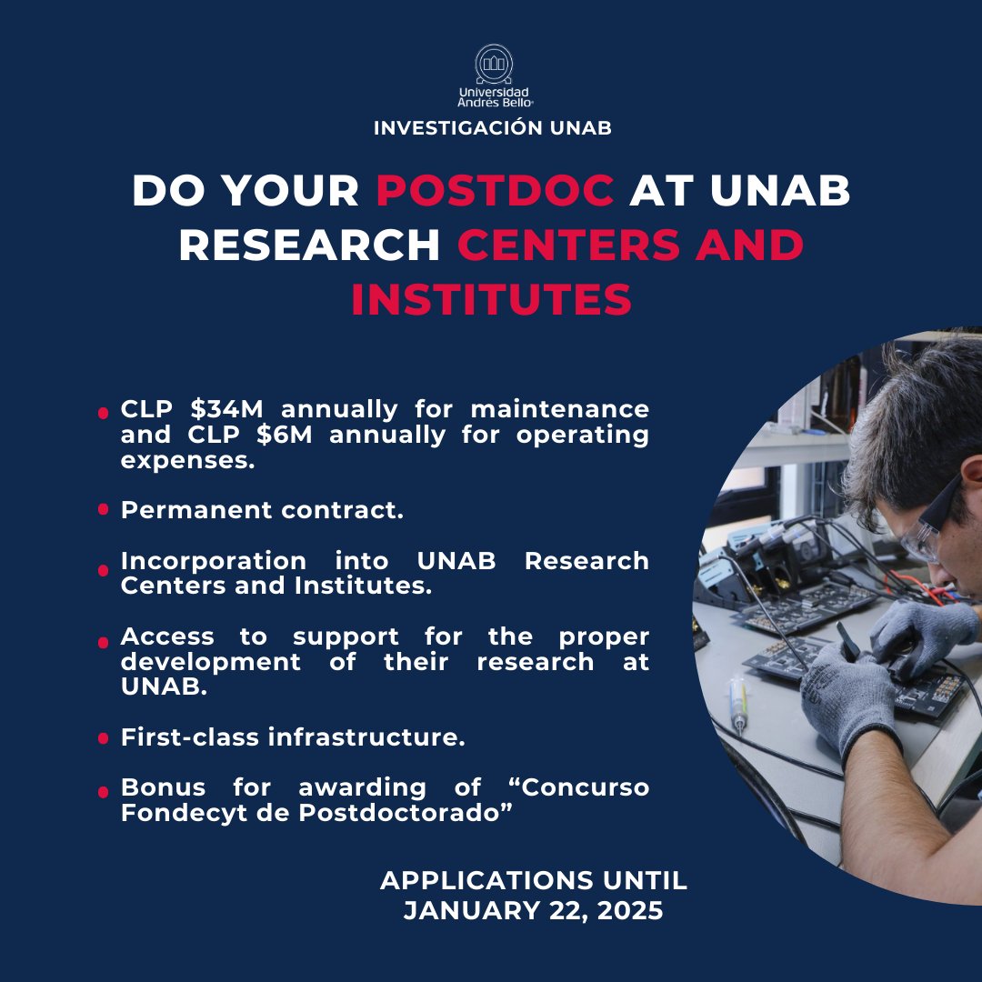 Vrid_Unab's tweet photo. Do your Postdoct at UNAB Research Centers and Institutes. Applications until January 22, 2025.

Check the guidelines and forms here: https://t.co/exN3CKIybY #SomosUNAB #InvestigaciónUNAB https://t.co/HoCoYnG9Pz