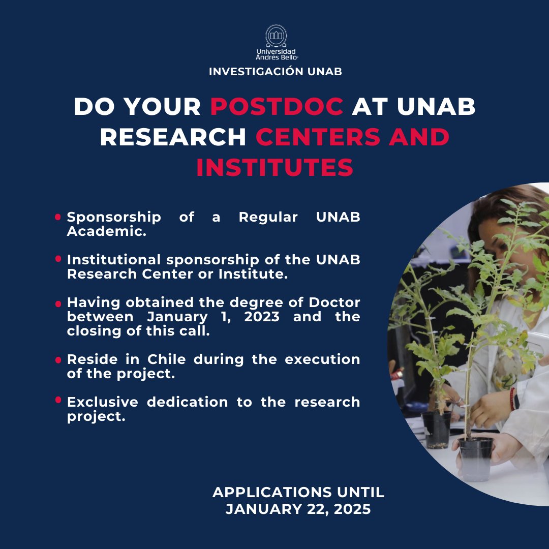 Do your Postdoct at UNAB Research Centers and Institutes. Applications until January 22, 2025.

Check the guidelines and forms here: tinyurl.com/3p5wkkz6 #SomosUNAB #InvestigaciónUNAB