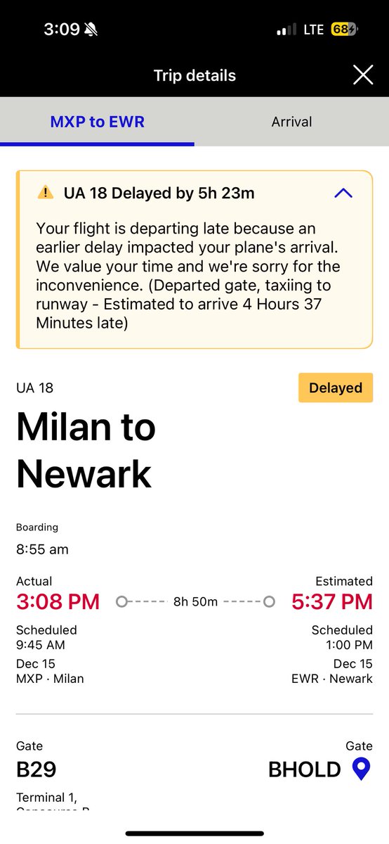 nicolemacmoyle's tweet photo. @united at it again with terrible customer service. delayed 5.5 hours at MXP &amp; was handed a EU passenger rights doc (from your website!!) at check in. I’ve gotten € for similar delays in the past, but now all of a sudden a 5.5 hour delay doesn’t qualify? How!?!? Awful. https://t.co/jwoCq56iks