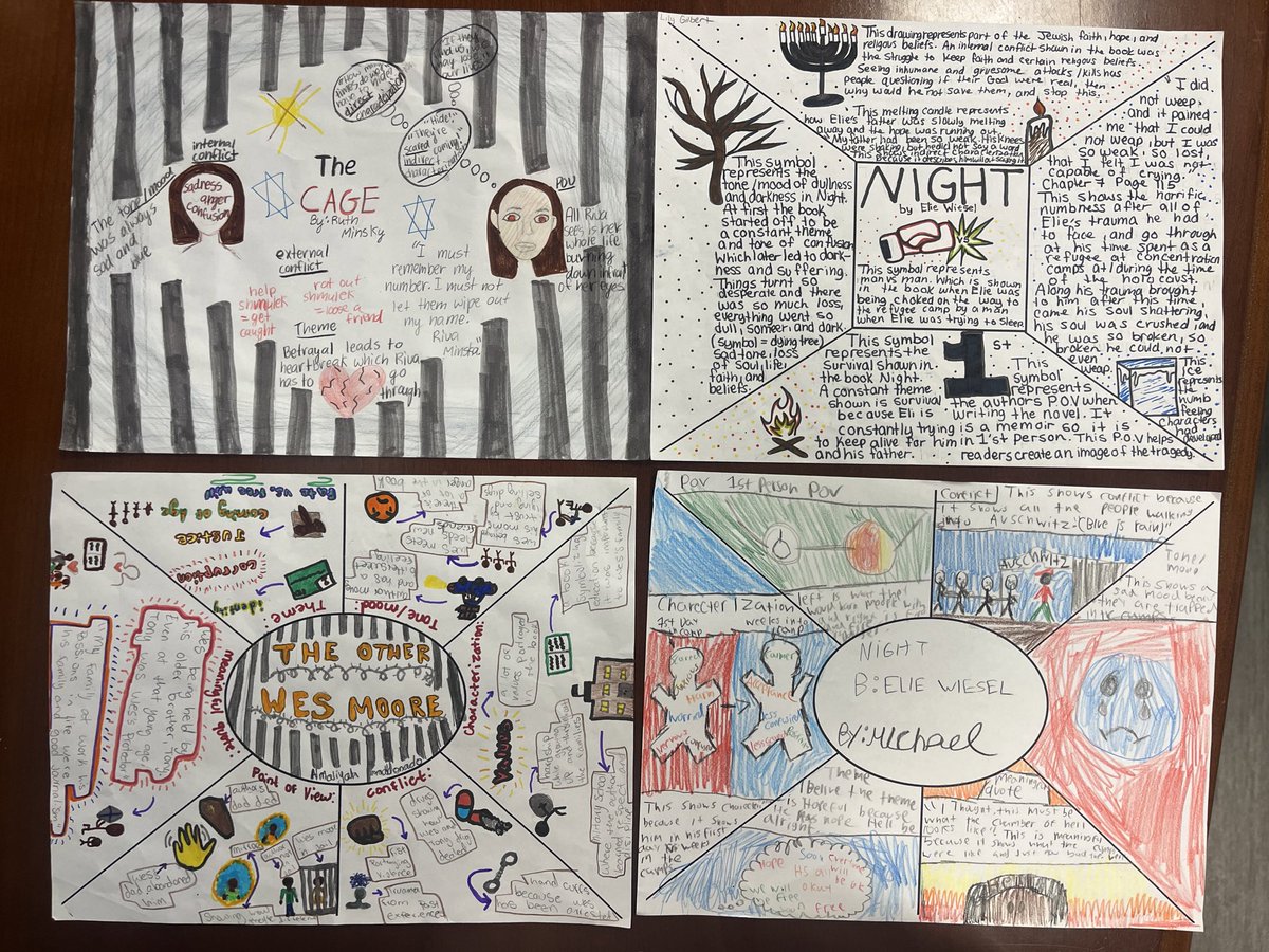 ELA 10 learners have been reading their book club memoirs while locating moments of conflict, POV, characterization, tone/mood, and theme in order to create these FANTASTIC one-pager displays. I am speechless at the creativity!! #mineolareads #mineolaproud <a href="/MineolaUFSD/">Mineola UFSD</a>