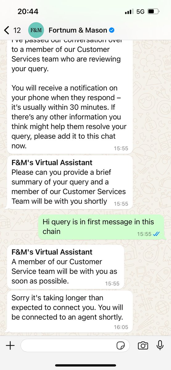 jleanLC's tweet photo. @Fortnums Good evening. Have been waiting to be connected to a member of the customer service team (via Whats App) since Saturday afternoon. Is that a standard wait time at the moment or do I need to re-start the process? Thank you! https://t.co/OAsMHblsyw